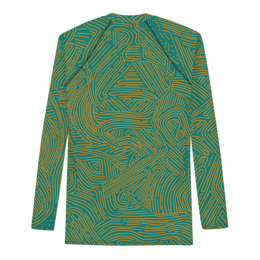 Turquoise rash guard with meandering yellow lines
